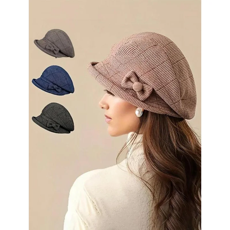 

Женский элегантный берет с бантом в клетку, повседневные модные одинаковые шапки на осень и зиму, модные аксессуары для женщин