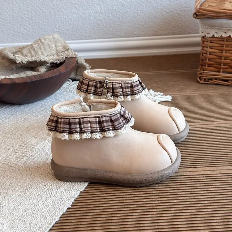 Knitted Ruffled Bordered Girl Short Boots 2026 Spring Autumn Platform Boots for Kids Girls Princess Wedding Party Shoes