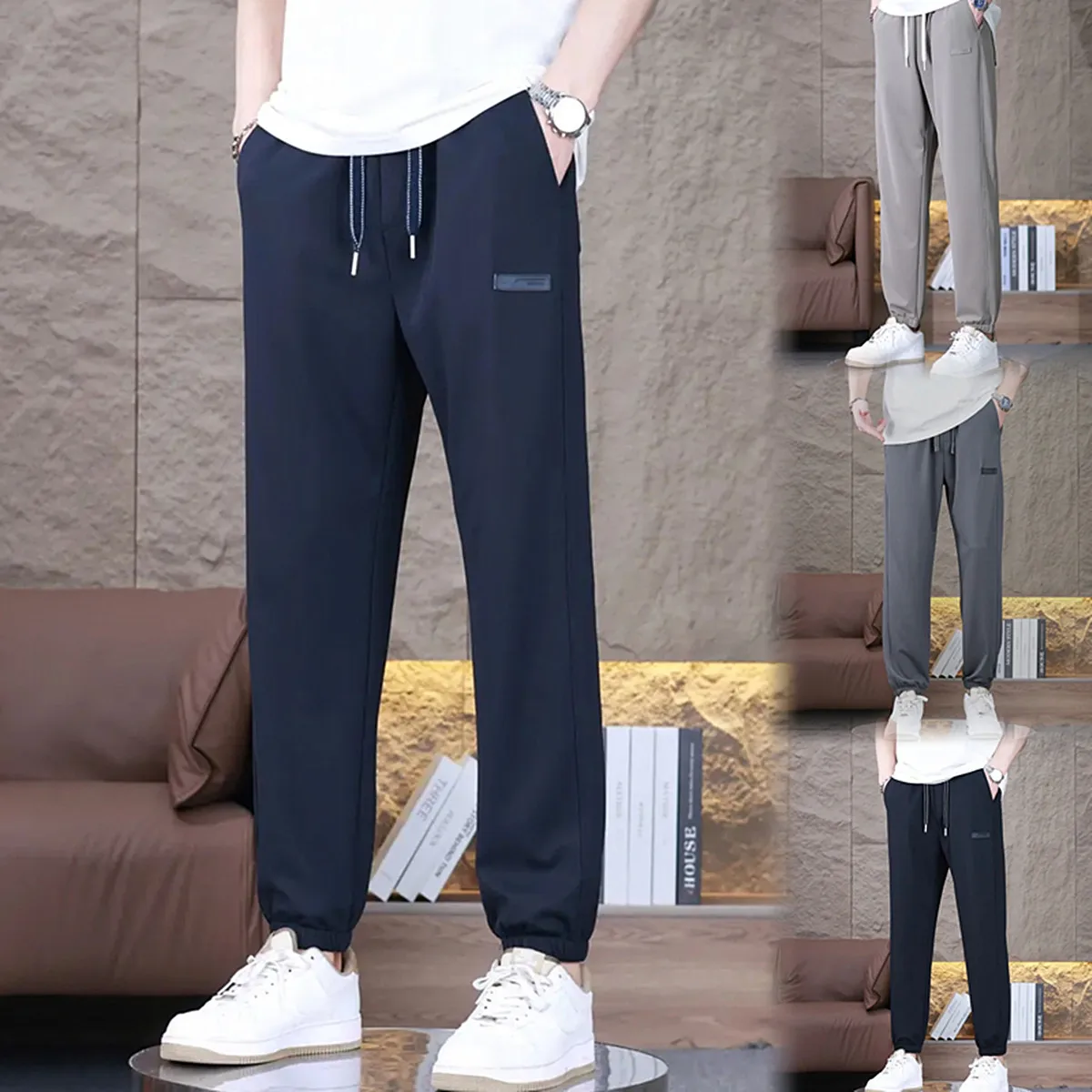 

Мужские летние повседневные брюки свободного кроя, прямые, из быстросохнущего шелковистого материала, с манжетами, тонкие, городской стиль, полиэстер, средняя посадка