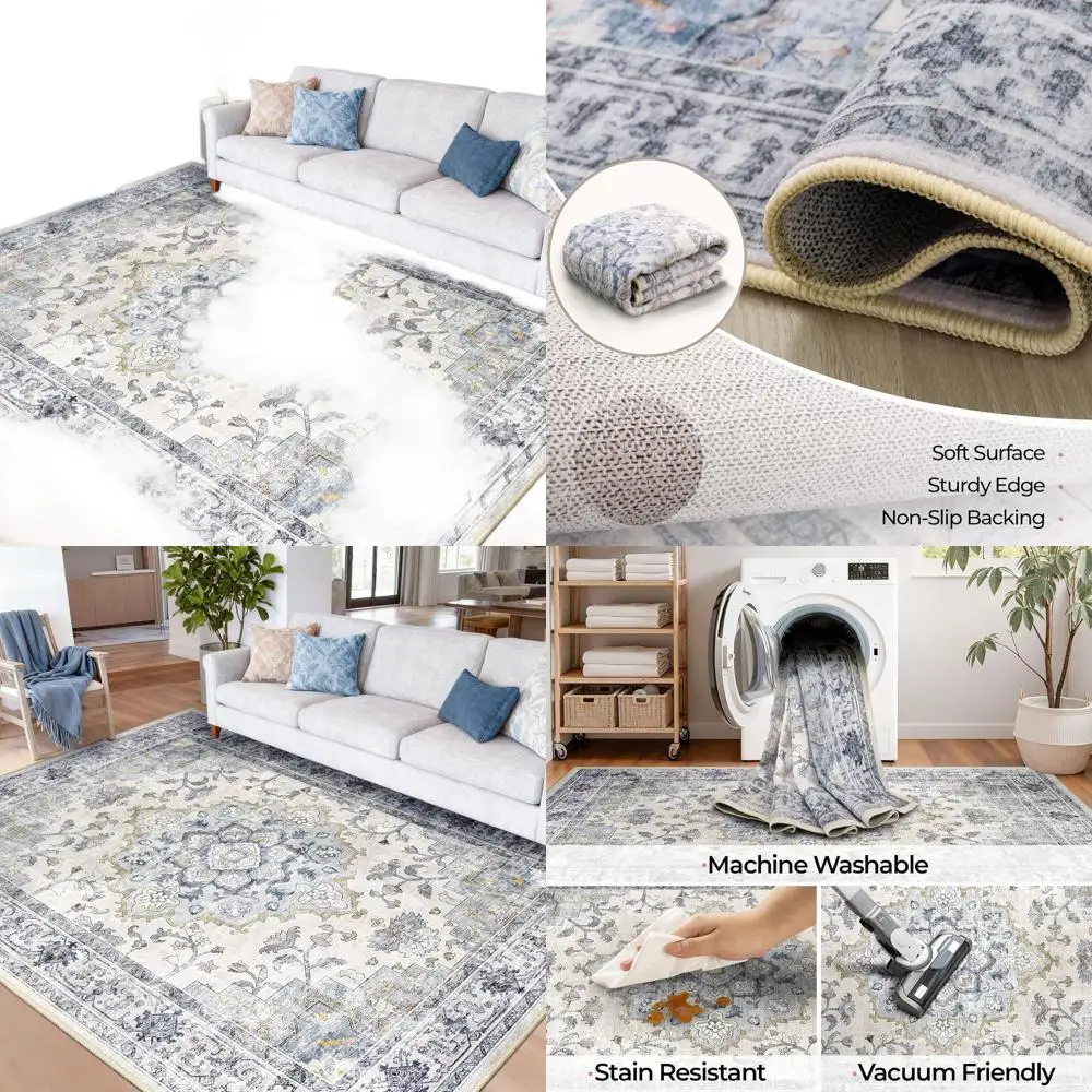 

8x10 Kids' Playroom Rug, Cute Girl Design, Non-Slip, Low Pile, Water-Resistant, Soft Blue & White Print for Nursery