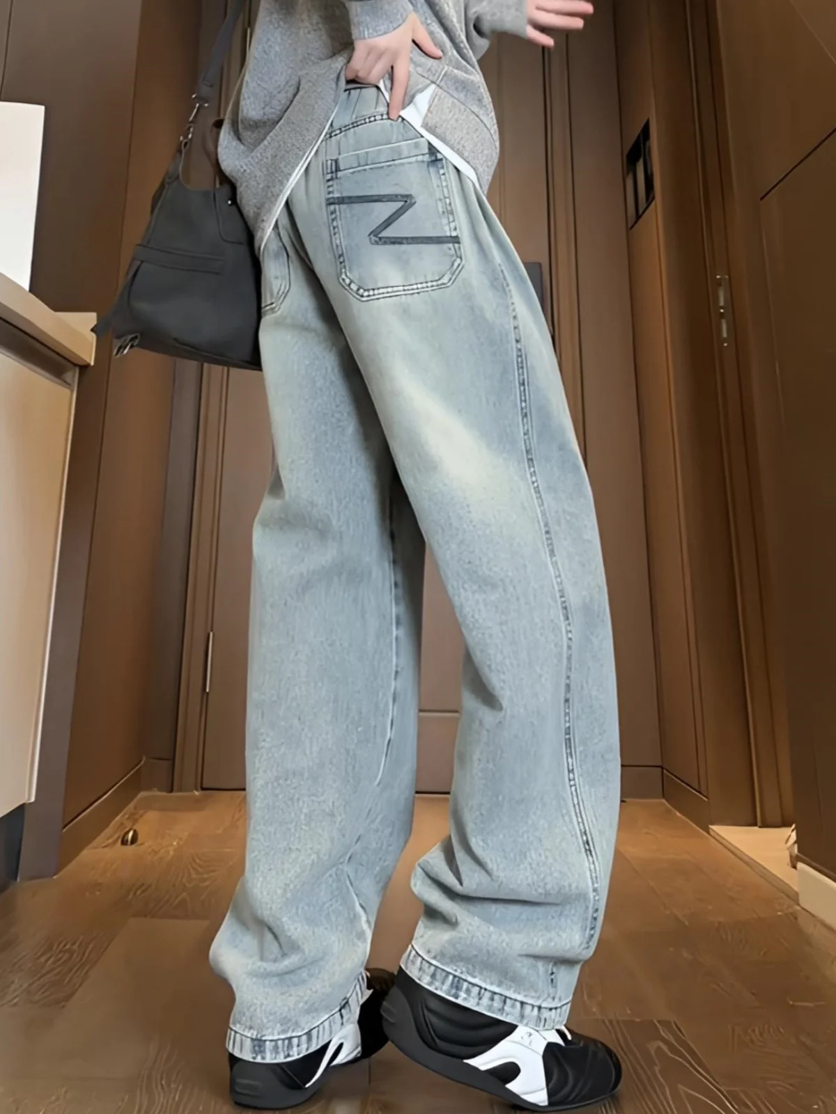 

Весенние мужские джинсы в стиле ретро с эффектом потертости, прямые, повседневные, свободные, дышащие, широкие брюки для пар, удобные, из хлопкового денима