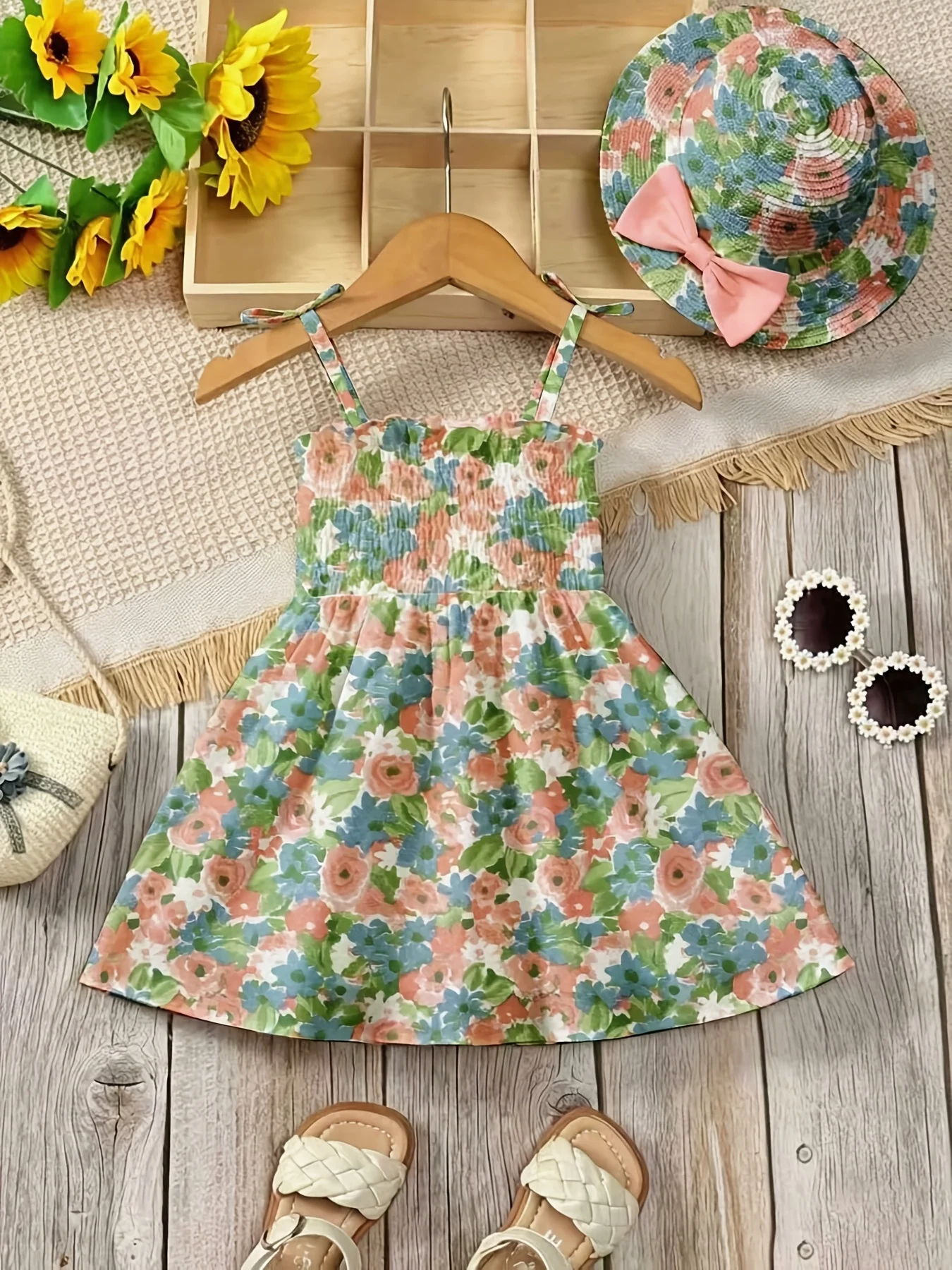 Mädchen Lässiges Bequemes Trägerkleid mit Quadratischem Ausschnitt, Ärmellos, Schleife und Blumenmuster, Oberteil für Kinder und Damenmode – Detail 14