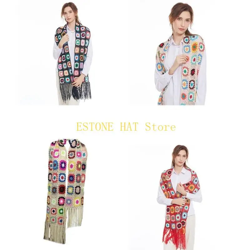 49MF Breathable Knit Floral Pattern Crochet Scarf for Ladies Spring Autumn Lightweight Shawls Sunproof Warm Large Scarves