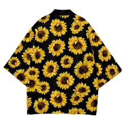 2024 New Sunflower Graphic Print Men's Kimono Japanese Harajuku Style Fashion Cardigan Japan Haori  Traditional Women's Kimonos