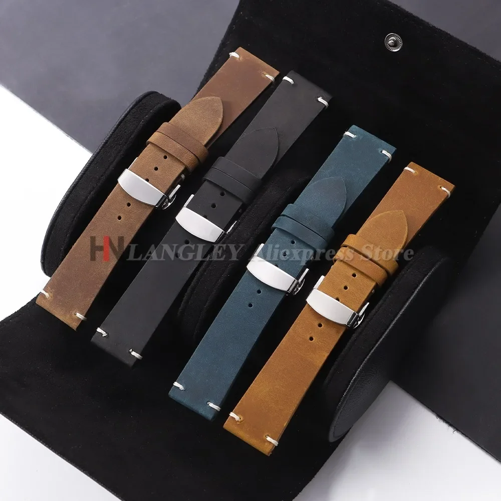 Vintage Cowhide Watch Strap 18mm 20mm 21mm 22mm 24mm for Samsung Watch 7/6/5 Butterfly Buckle Brown Bracelet for Omega for Seiko image 5