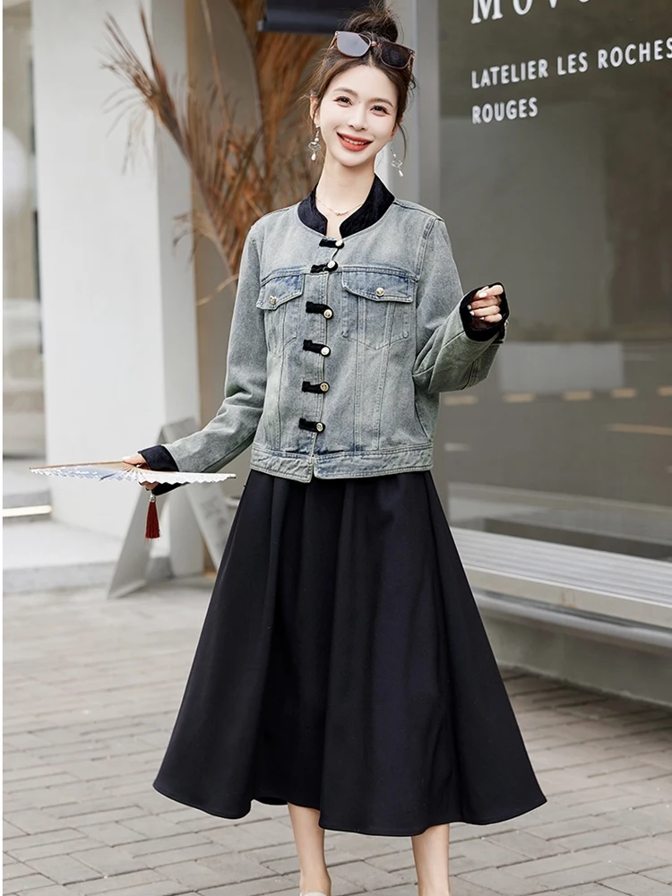 Nieuwe Chinese Sle ort Denim Jaet Dames Gewatteerde oulder Stand Kraag Button up Top Lente 2025 Faion Pendelen Wind