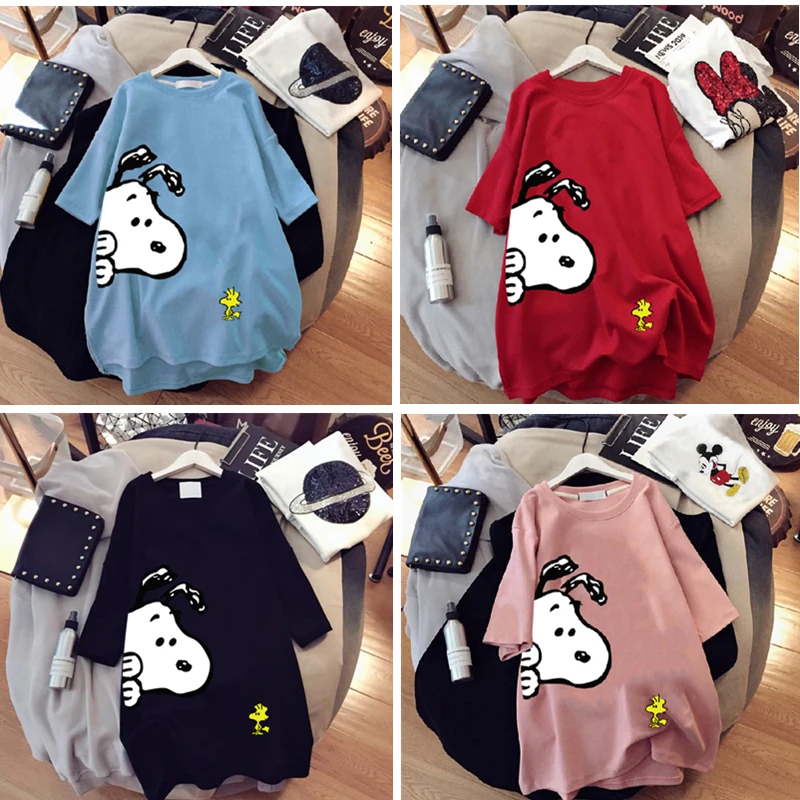 2024 Snoopy Short Sleeve T-Shirt Kawaii Anime Summer Women Mid-Length Clothes Loose Soft Comfortable Crew Neck Dress Gift