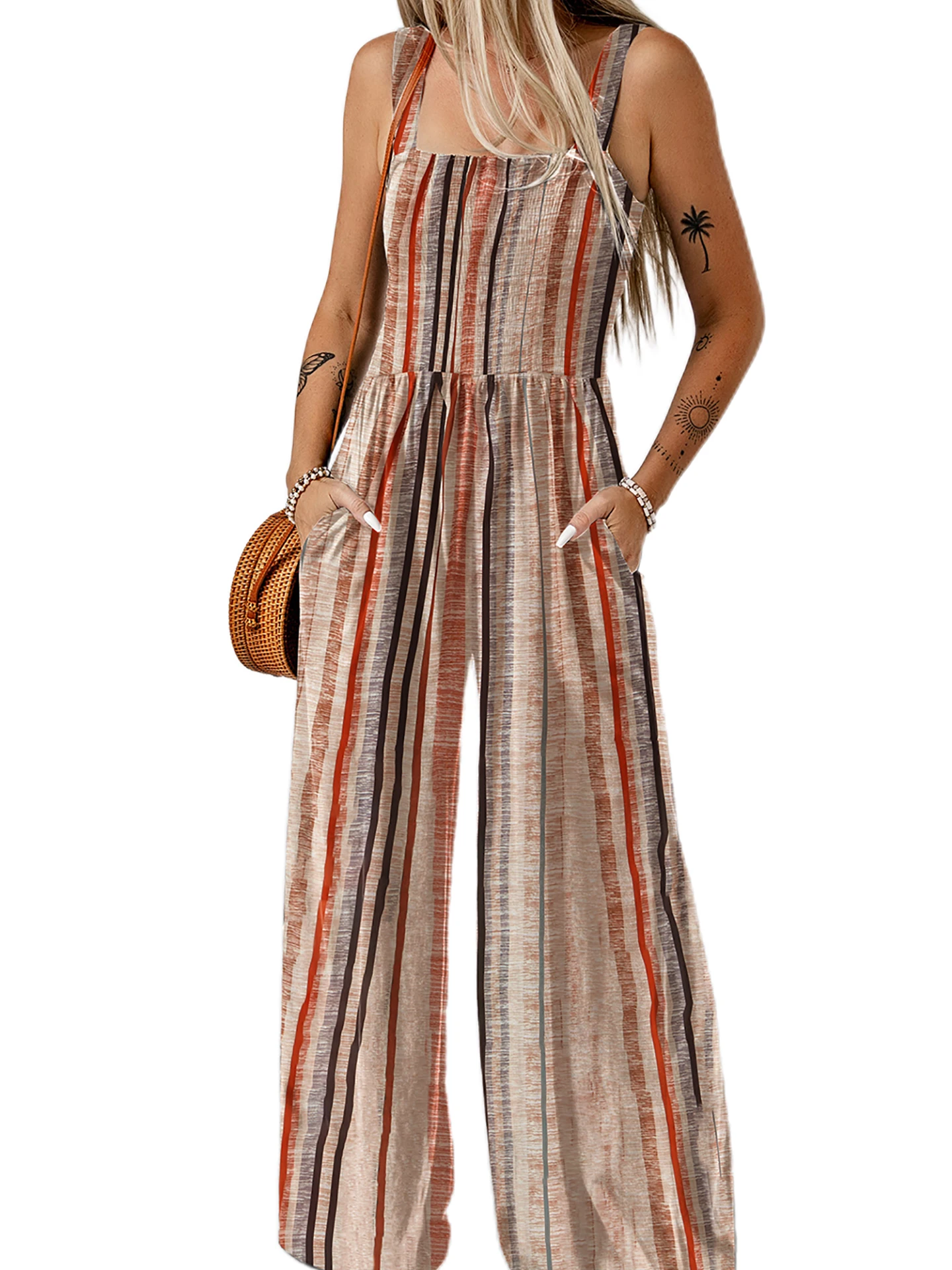 DearLover Gestreepte Wijde Pijpen Jumpsuit Dames Loose Fit Zomer Nieuwe Sle Hoge Taille Lange Broek Polyester Stof Pendelen Sle