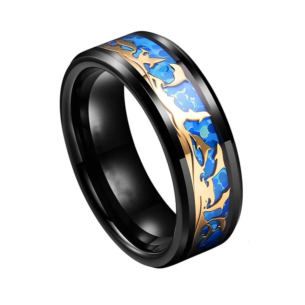 Fashion Black Blue Background Gold Chip Dolphin Stainless Steel Ring Men Inlaid Hawaiian Cocoa Abalone Shell Women's Ring Gift