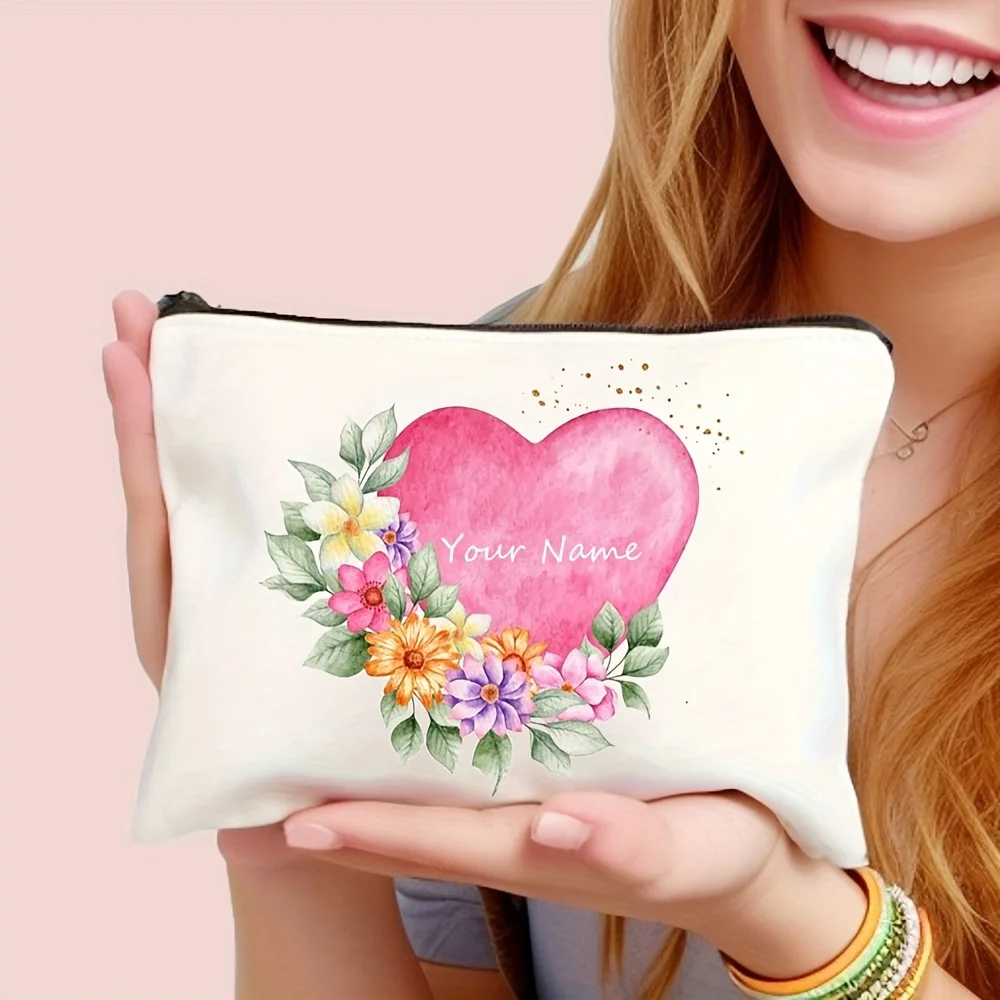 Women’s Clutch Bag Personalized Custom Name Initial Women S Heart Floral Zipper Pouch Material Print Gift for Female Friends