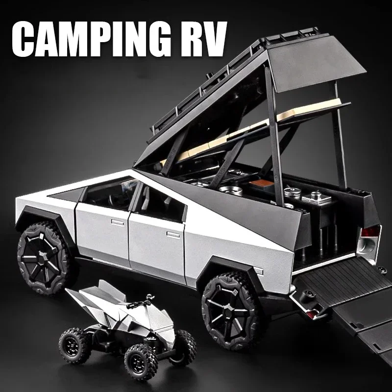 1:24 Cybertruck Camping Pickup With Motorcycle SUV Off Road Alloy Car Diecast Model Collect Hobby Display Ornaments Children Toy