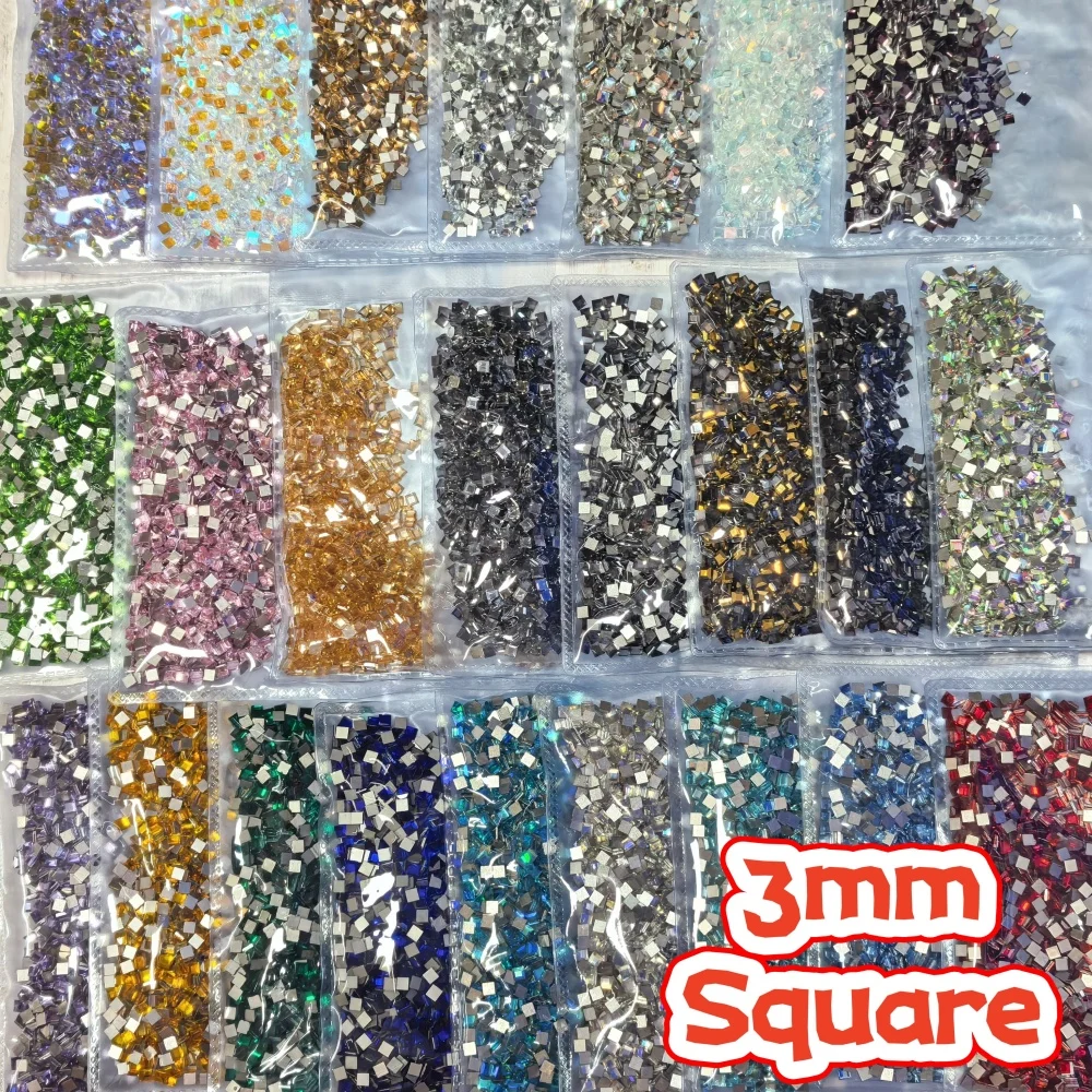 Bulk 1440Pcs 3mm Square Flatback Rhinestones Premium Cut Glass Diamonds For Manicure Garment Bag Mobile Cover Handmade Ornament