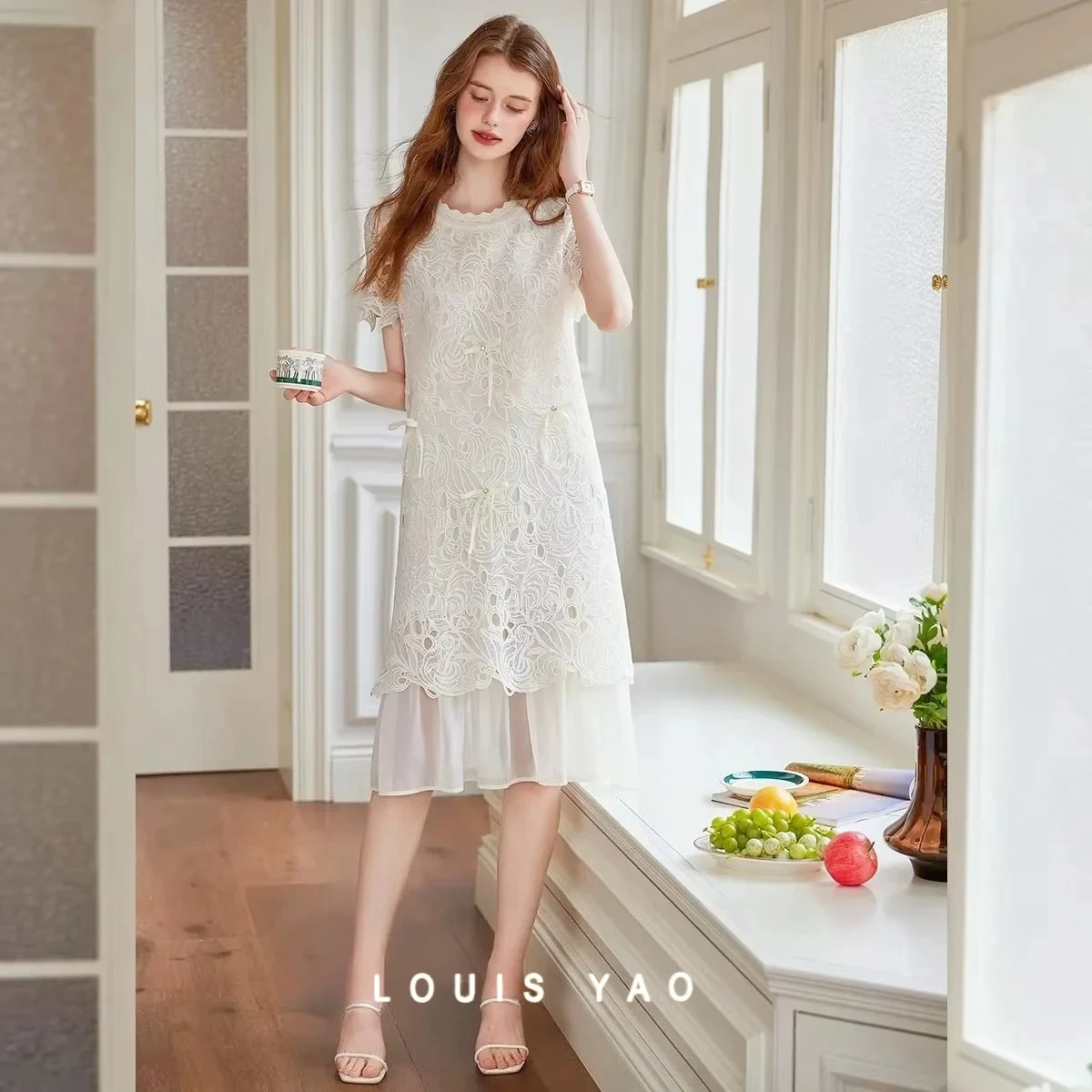 

Hollow Wave Lace Long Dress 2025 Stretchless Round Neck Summer Dress Bow Beaded Short Sleeve Women's Dresses Female Clothing