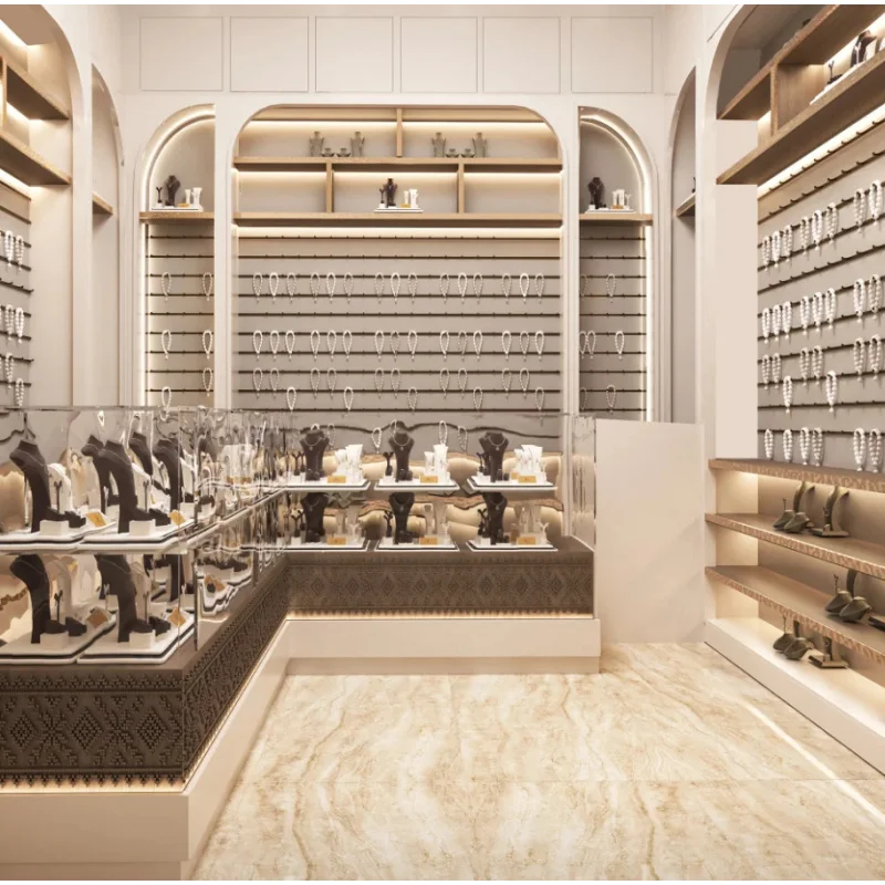 custom.An Elegant Jewelry Boutique with Arched Display Shelves, Warm Lighting, and Neatly Arranged Showcases.