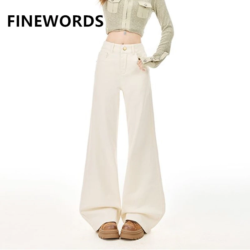 FINEWORDS Vintage taille haute jean évasé femmes décontracté cloche bas jean Easymatch coréen pleine longueur Beige jean
