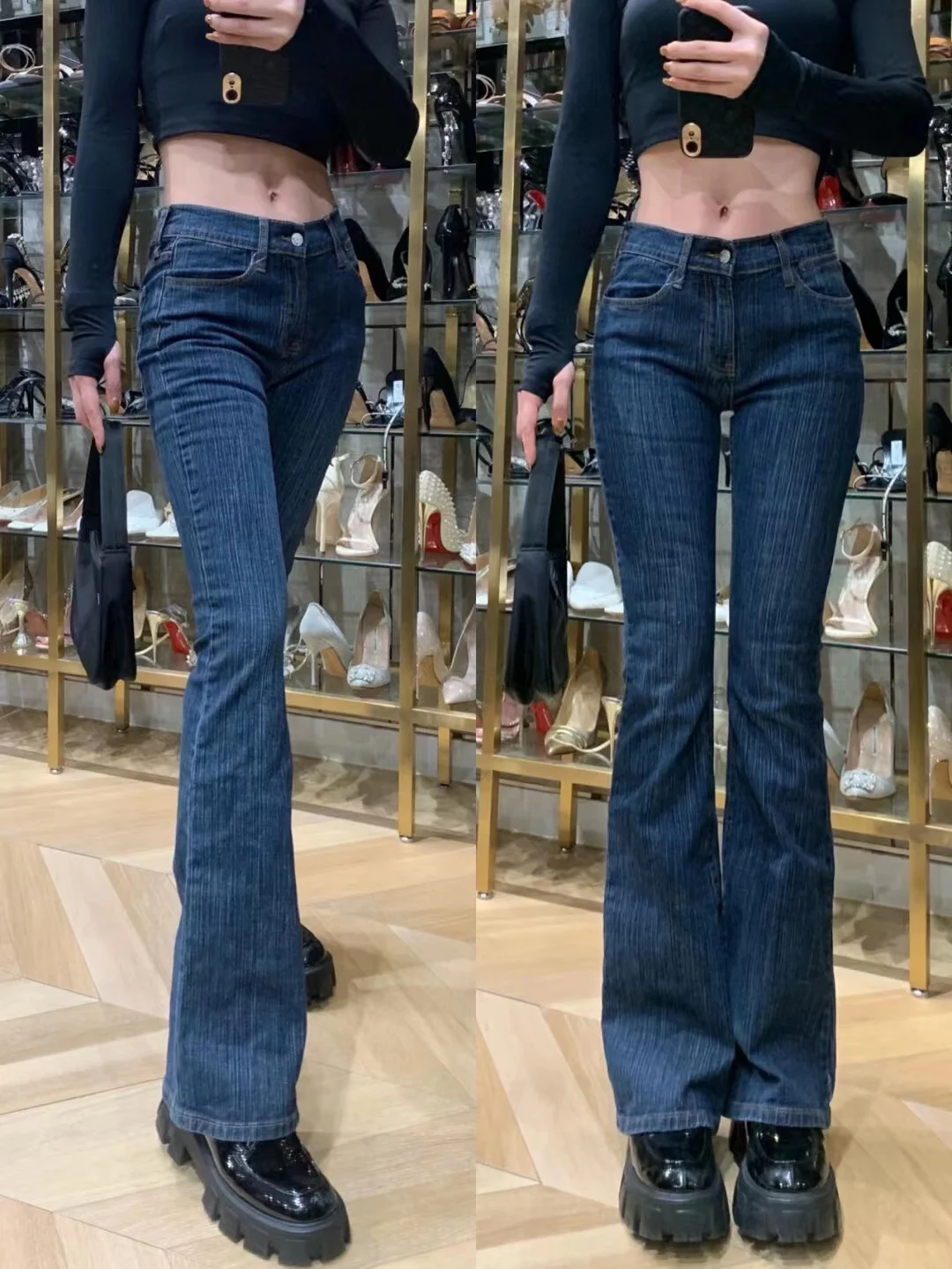 

Blue Vintage Slimming High Waist Flared Jeans BM Sle Cotton Stretch Denim Long Leg Lengthening Girl Brandi Retro Jeans