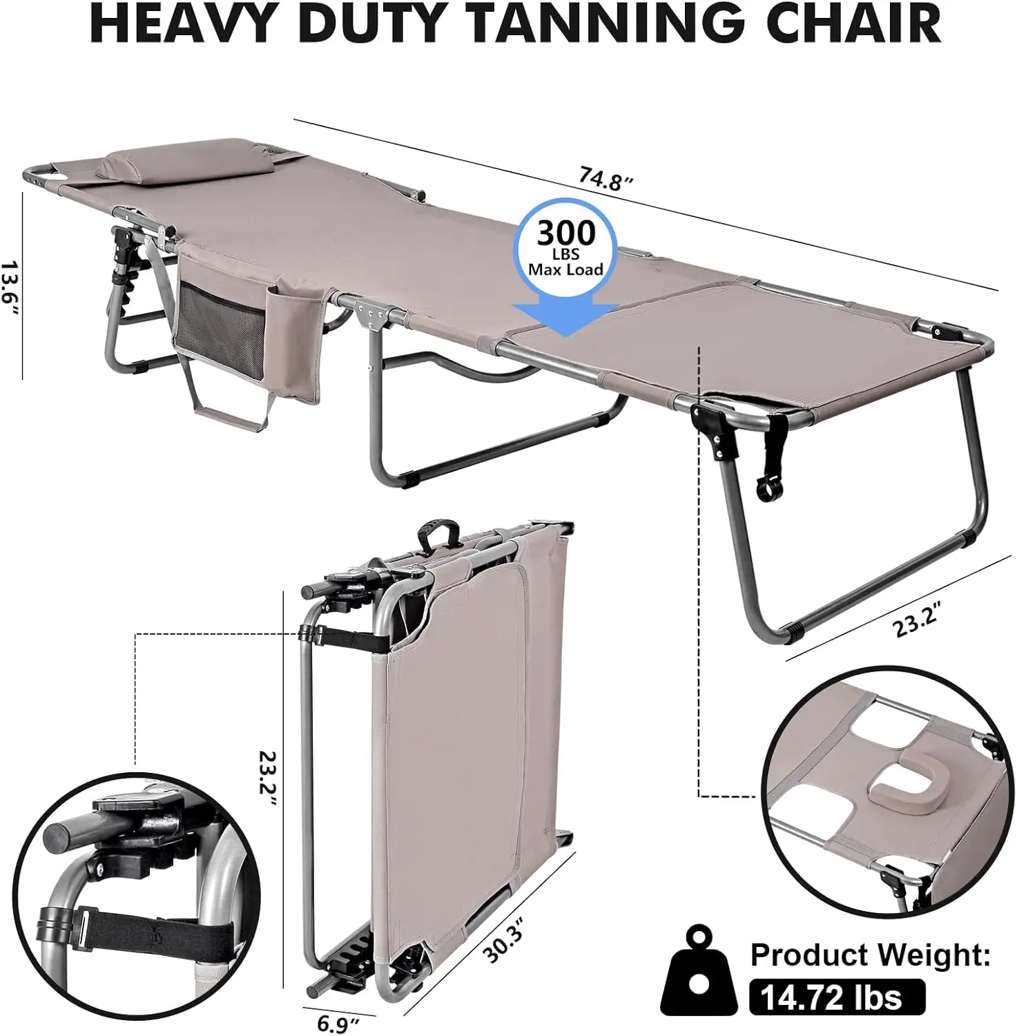 Tanning Chair With Face Hole, Folding Chaise Lounge Chair, Heavy Duty Outside Lay Flat Portable Face Down Tanning Chair With