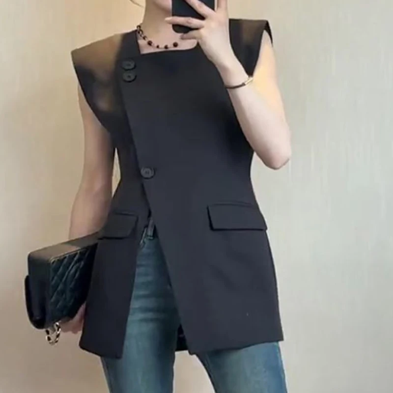 Trendy Luxury  Black Suit Vest Summer Square Neck  Wide Shoulder Waistcoat Commuter Design Split Sleeveless Top Femininas Coats