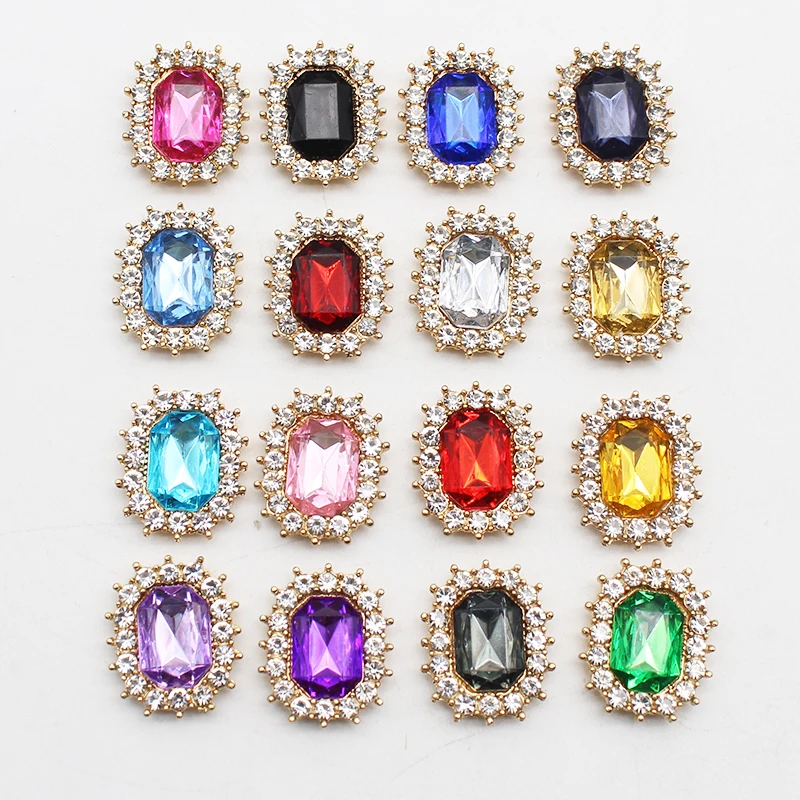 10Pcs 21*18mm Rectangular Acrylic Flat Bottom Rhinestone Alloy Buttons Garment Decoration DIY Gold Plated Jewelry Accessories