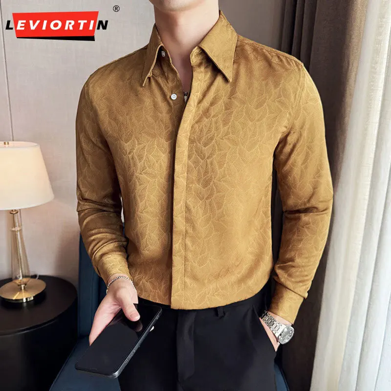 

Autumn New Dark Pattern Jacquard Dark Door Open Long Sleeve Shirt Fashionable Light Luxury Rascal Handsome Sharp Collar Shirt