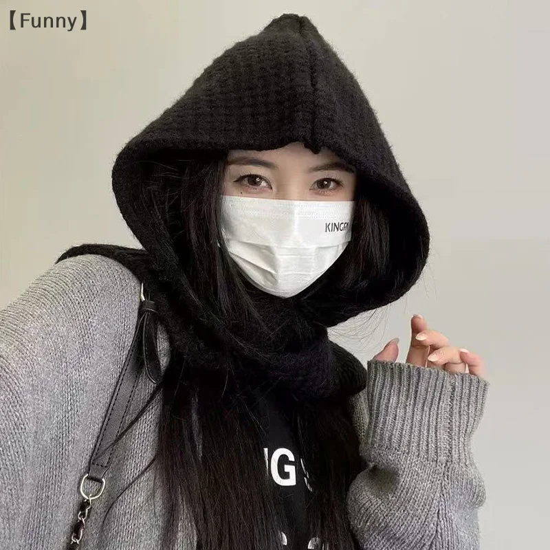 〔Lucu〕Syal Terpadu Hangat untuk Musim Gugur dan Musim Dingin, Topi Selendang Berkerudung, Syal Rajut Serbaguna, Topi Wol