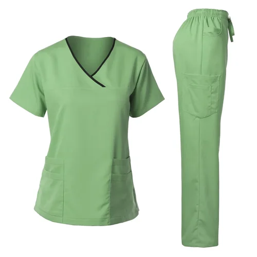 Imagen 1 del producto Uniforme médico, conjunto exfoliante de moda para mujer, pantalones elásticos suaves con cuello en Y, disfraz de médico para clínica de mascotas de Hospital, colores contrastantes