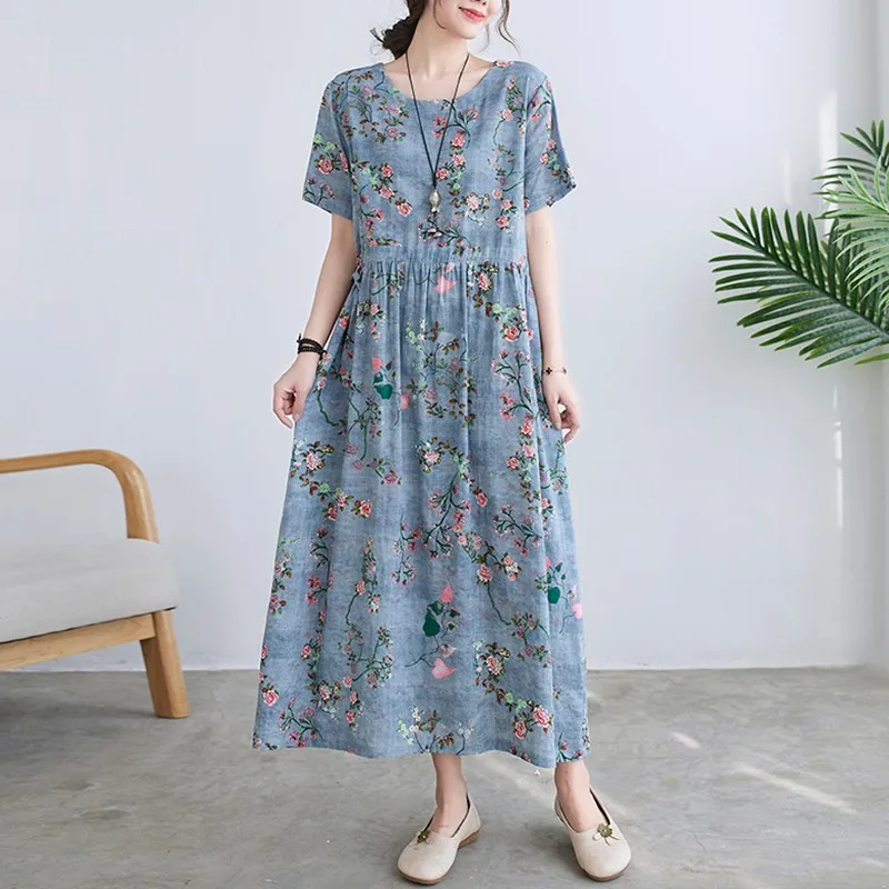 

Women Summer Loose Casual Dress New Arrival 2024 Arts Style Vintage Floral Print Cotton Linen Ladies A-line Long Dresses