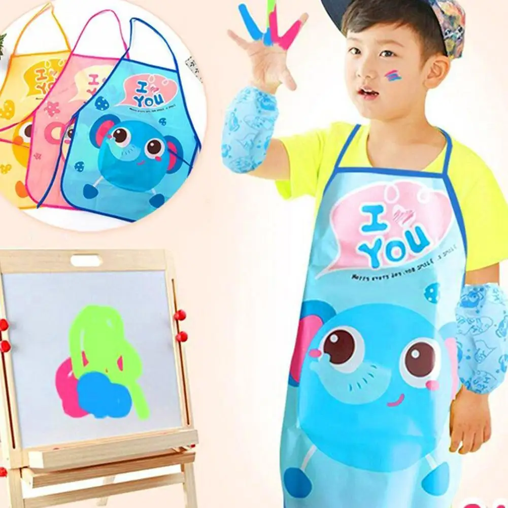 Children\'s Apron Sleeves Cartoon Waterproof Child Baby Eating Graffiti Art Style Bib Summer Supplies Thin Painting D6C8