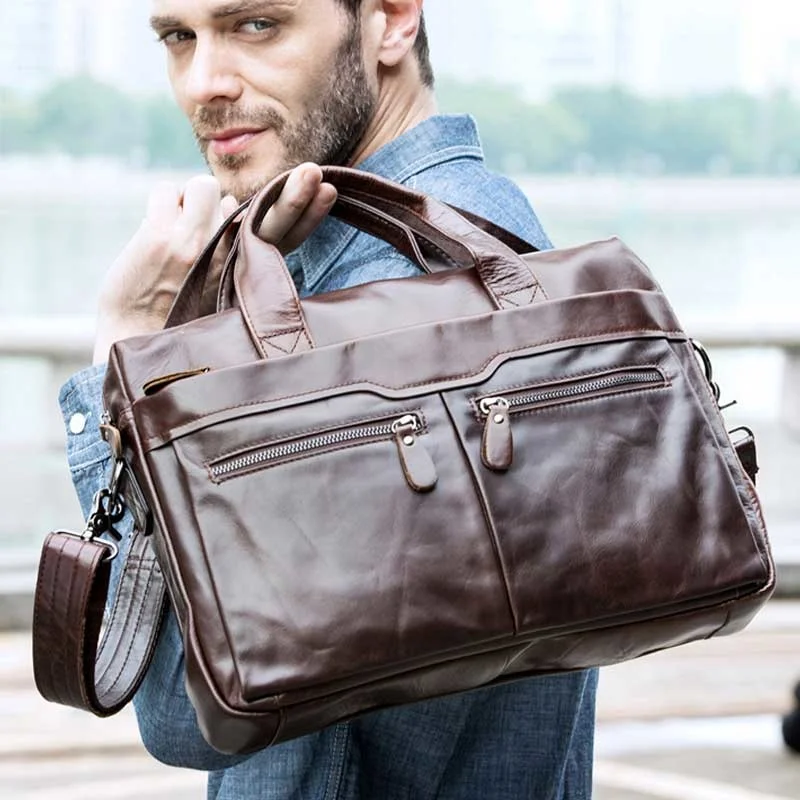 Maletín de cuero genuino para hombre, bolso de hombro para ordenador portátil, negocios, documentos, A4, 905