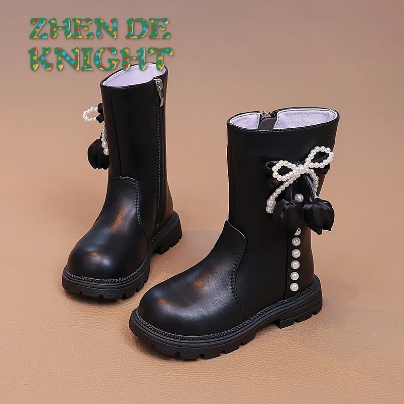 

Новинка 2025, стильные короткие сапоги с бантом и цветочным декором для девочек, модная универсальная повседневная нескользящая детская обувь до середины икры на молнии