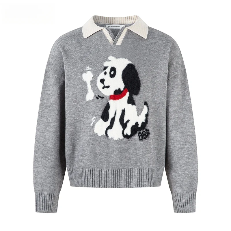 

Retro Puppy Jacquard Sweater Mens Autumn Winter Casual Loose Long Sleeve Spliced Lapel Knitted Pullover Man