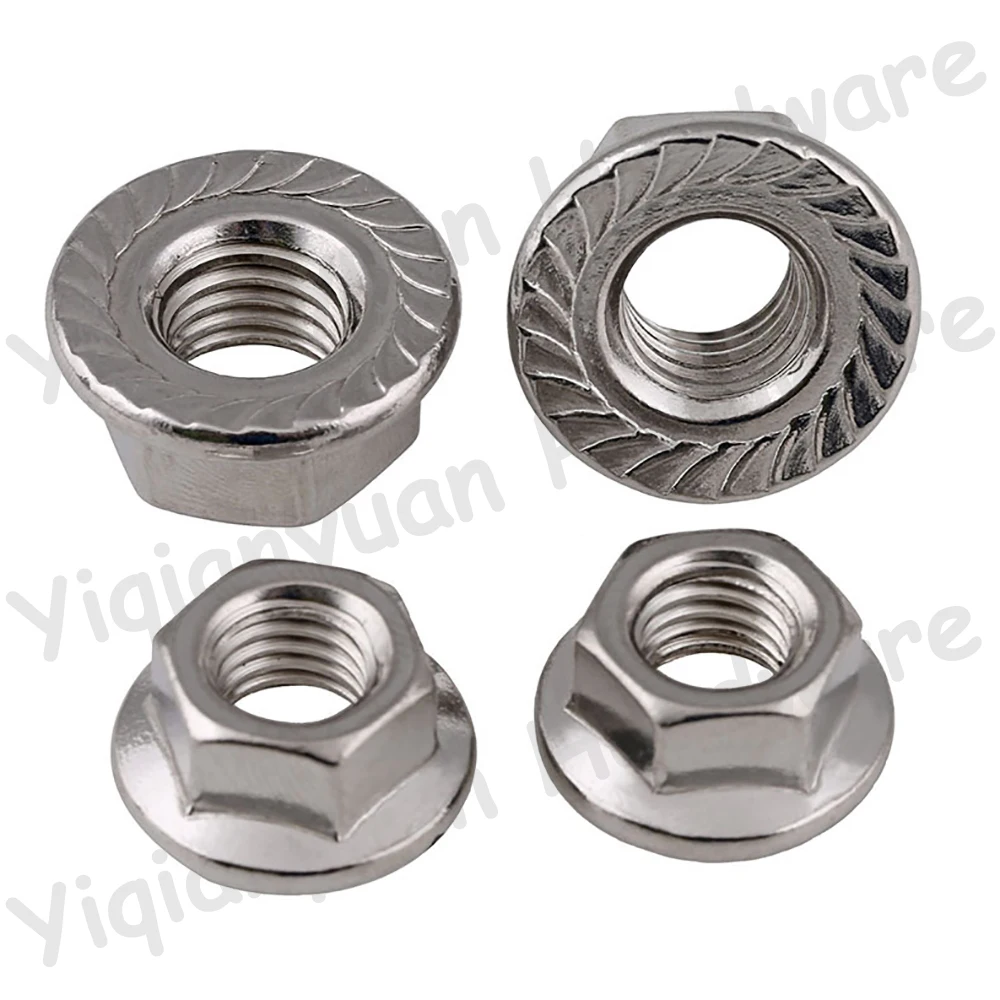 Yiqianyuan DIN6923 M3-M16 SUS316 스테인레스 스틸 육각형 플랜지 너트 핑킹 자동 톱니 모양의 잠금 너트