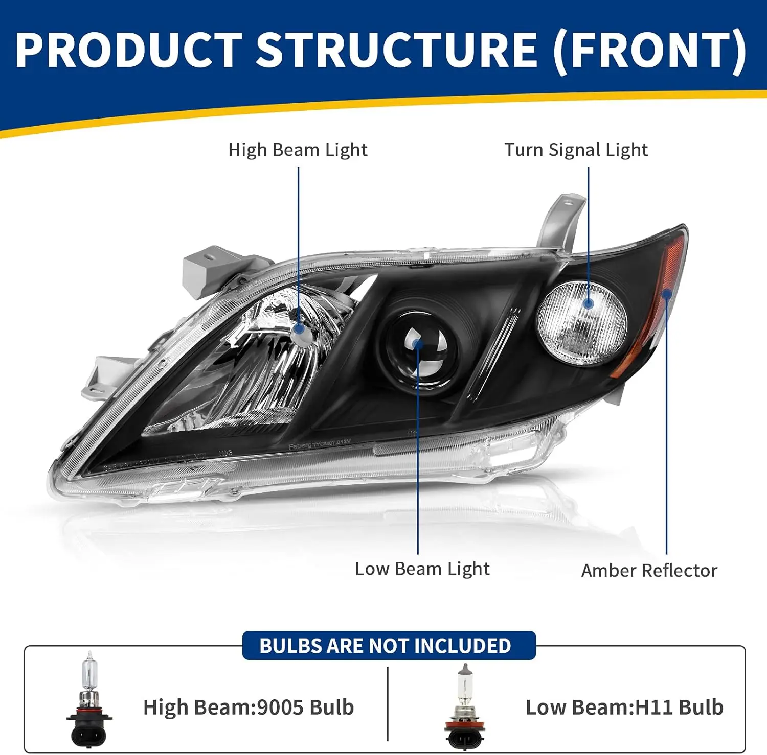 Projector Headlight Assembly Compatible with 2007-2009 Camry Exclude Hybird Black Housing Amber Reflector Clear Lens Headlamps R