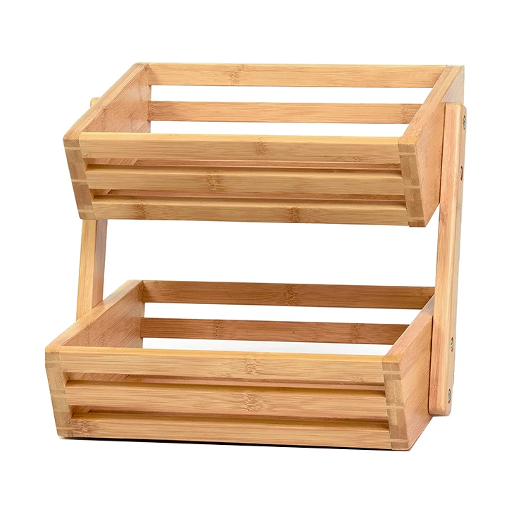 Modern 2 Tier Layer Countertop Bamboo Dry Vegetable Fruit Storage Basket Rack for Kitchen