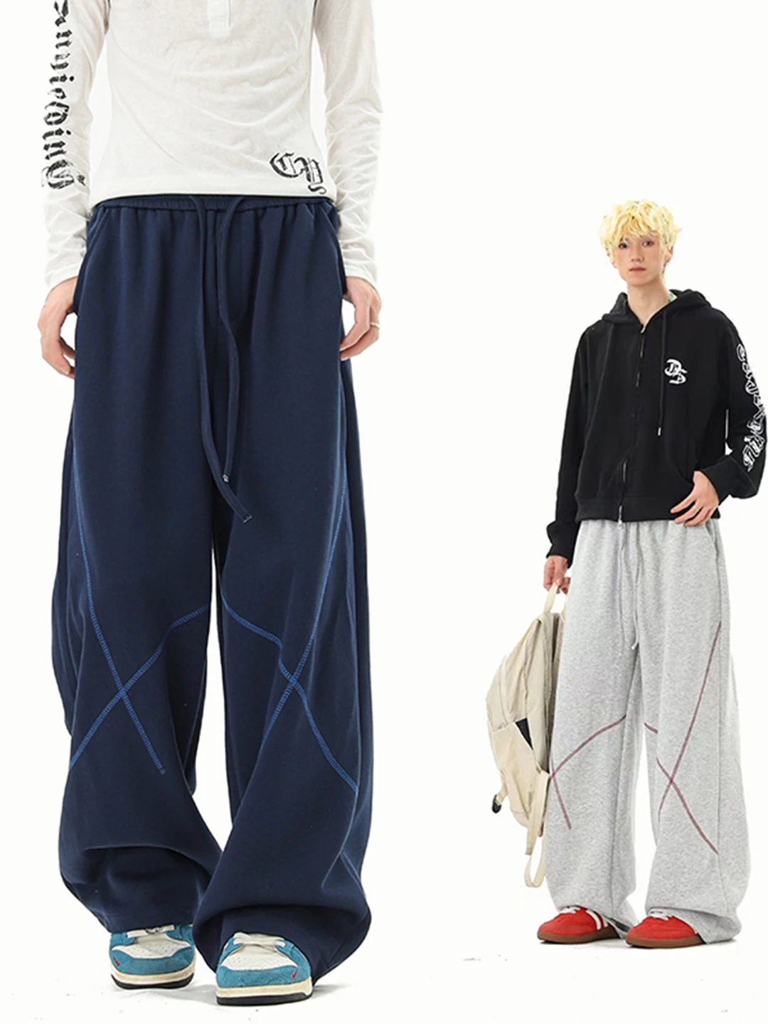 

Мужские повседневные брюки American Sle Hsu Line в стиле пэчворк, спортивные брюки для баскетбола с капюшоном, свободный крой, прямые штанины, средняя талия