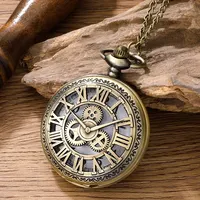 Antique Steampunk Vintage Roman Numerals Quartz Pocket Watch Bronze Case Necklace Pendant Clock Chain Mens Women 6