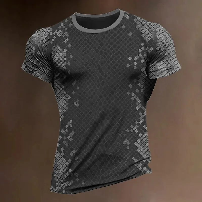 Men's Sports T-shirt Summer Slim Short Sleeve Quick Dry Gym Tops 2024 Daily Clothes Plaid Print Tees Round Collar Male Uniform