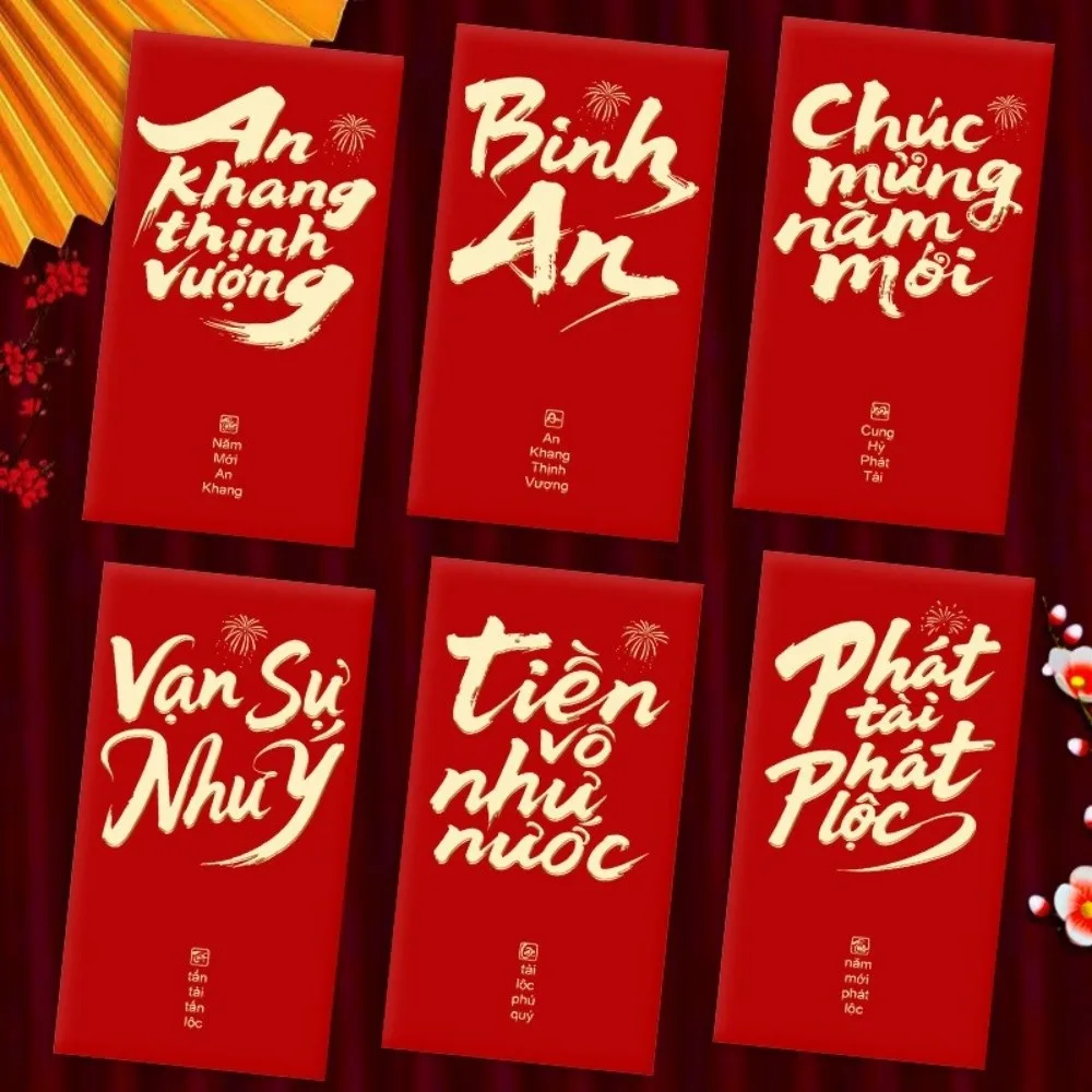 6PCS/Set Lucky Red Envelopes Gold Foil Design Chinese Style Cash Gift Envelopes New Year Blessing Vietnamese