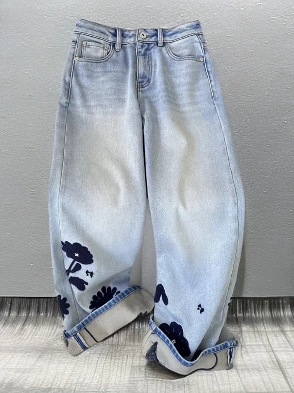 

Ele Embroidered Floral Loose Wide Leg Jeans High Waist Slimming Women's Spring Faion Street Sle Casual High Waist Jeans