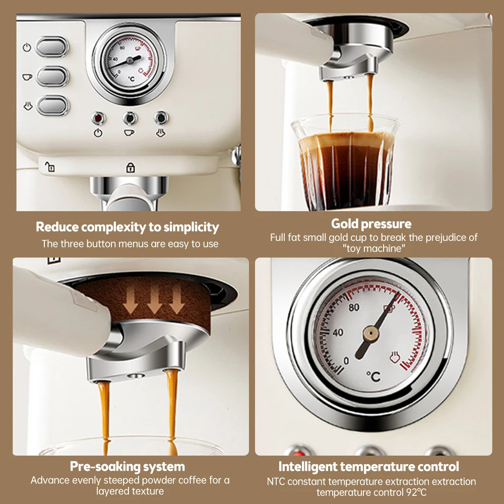 Kaffeemaschine 20 Bar Espressomaschine aus Edelstahl mit Milchaufschäumer Dampfstab 2 in 1 1050 W Halbautomatischer Cappuccino Latte M – Detail 3