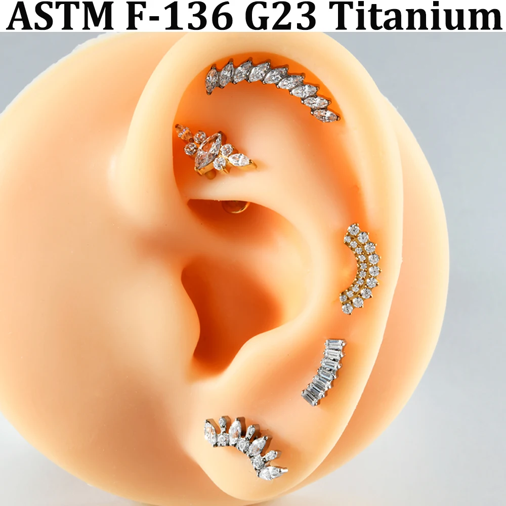 2/1 Stück Pferdeauge CZ Gebogener Blumen-Lippenpiercing mit flacher Rückseite aus G23 Titanlegierung mit Innengewinde, Zirkonia-Ohrknorpel-Tragus-Ohrring – Detail 2