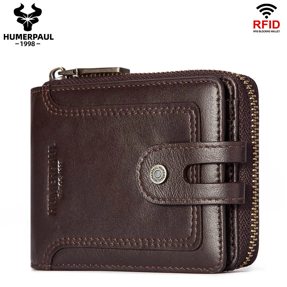 فرشاة مضادة للسرقة للرجال من الجلد الطبيعي بإبزيم وسحاب ومحفظة قصيرة للعملات المعدنية ومحفظة رجالية متعددة الأغراض من الجلد القديم