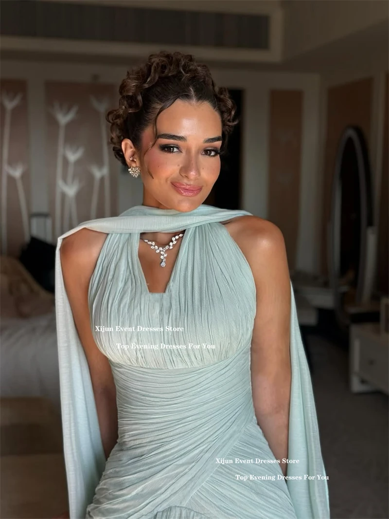 Suknie wieczorowe Xijun z szyfonu w kolorze miętowym, fason A-line, z szalem, dekolt w serek, formalne suknie balowe, plisowane, długie suknie balowe w stylu arabskim saudyjskim, szyte na miarę.