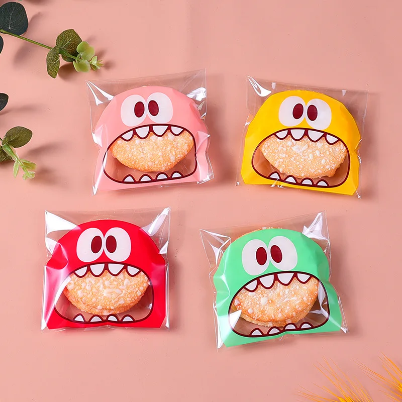 100PCS Cute Cartoon Monster Cookie Candy Self-Adhesive Plastic Bags For Biscuits Snack Baking Supplies Ramadan Valentine\'s Day