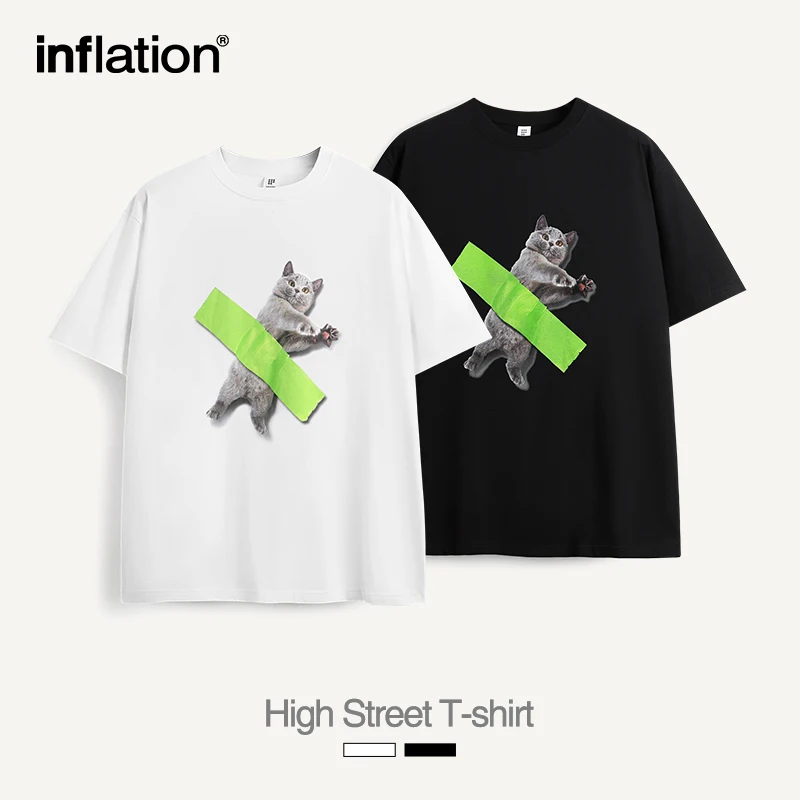 INFLATION Pet Cat Graphic Printed Cotton Tees Men Summer Loose Fit Short Sleeve T-shirts