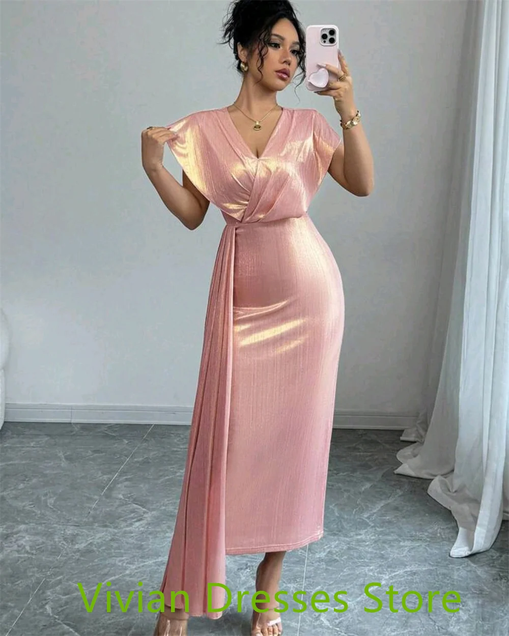 Customized  Sparkly pink Satin Cocktail Dress Exquisite V-Neck Cap Sleeve Half Sleeves Panel Train Mermaid Zipper Back Party Dre
