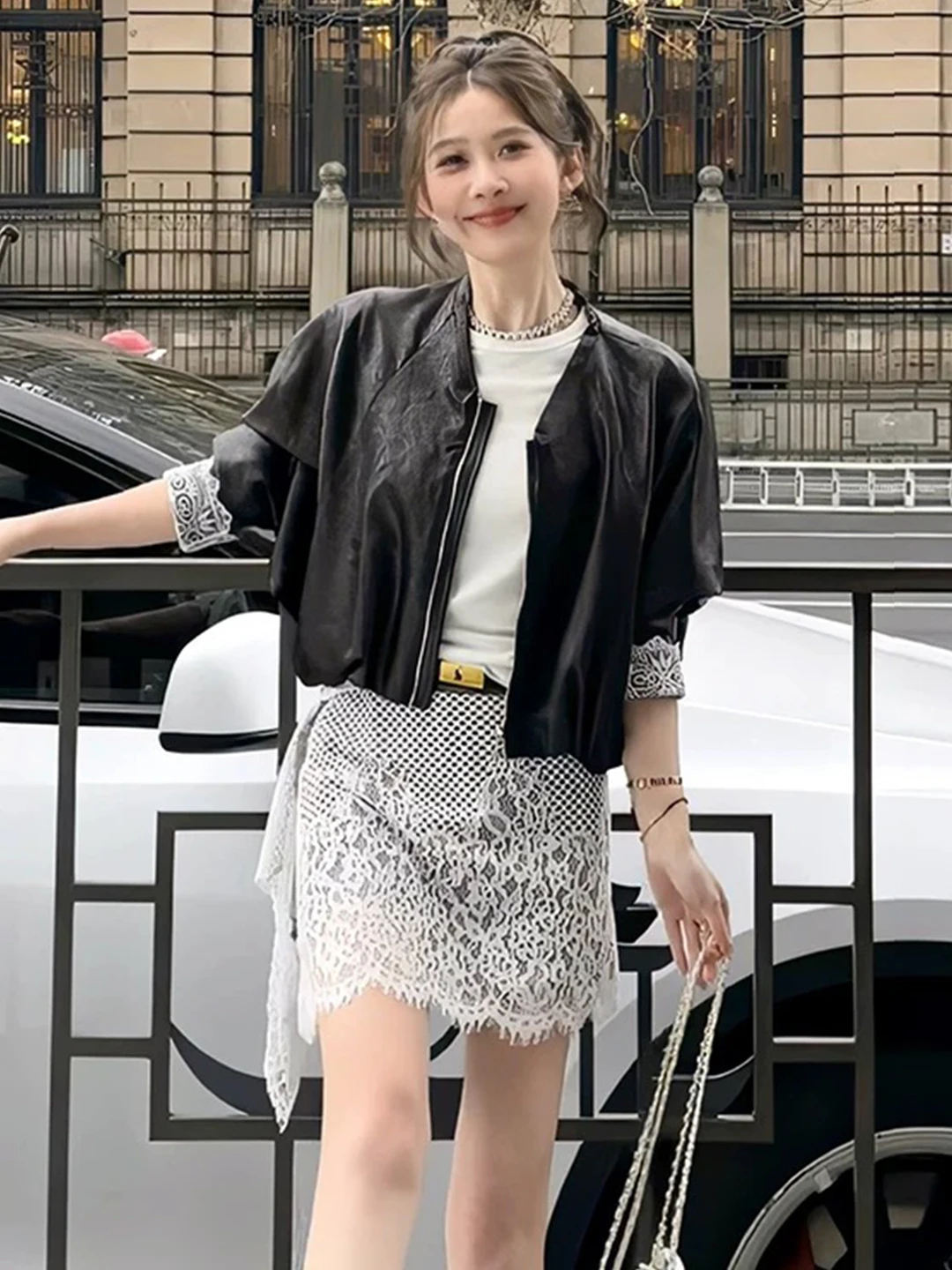 

Потрясающий комплект из кожаной куртки и кружевной юбки для женщин, с высокой талией, однотонный, модный, весенне-летний, двухсоставный ансамбль.