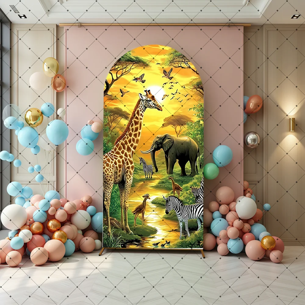 Jungle Adventure Arch Backdrop Cover Wild Animals Tigers lions Elephants Giraffes Birthday party Portrait Photography Background