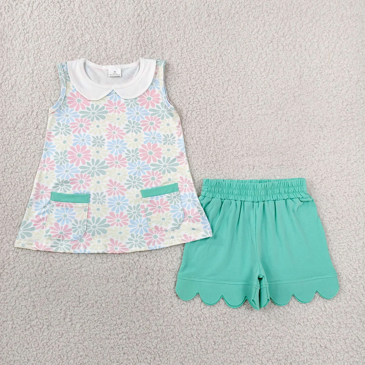 Kids Fashion Baby Girl Colorful Daisy Collar Pockets Tunic Tops Scallop Shorts Summer Clothes Set Children Clothing Wholesale
