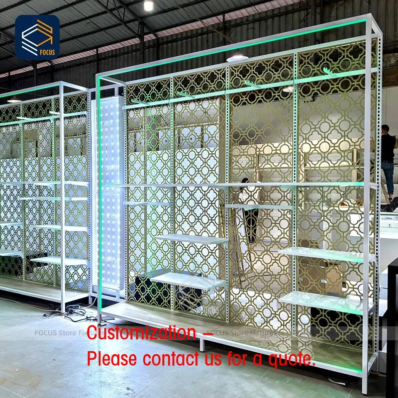 custom.Custom Metal Retail Display Rack Laser Cut Back Panel Boutique Display Shelving Unit